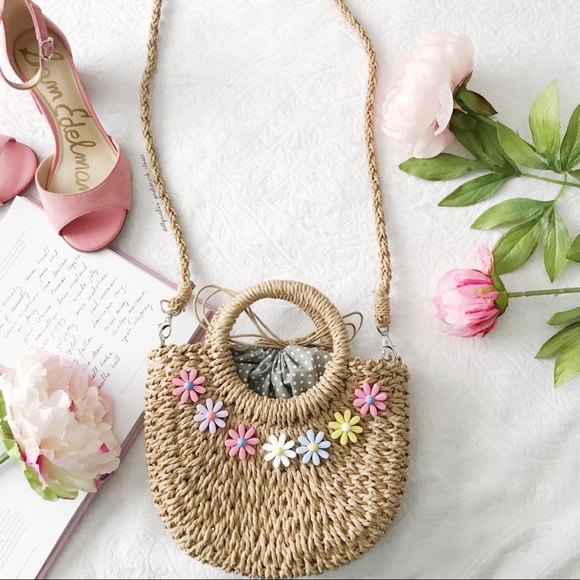 Handbags - NWOT Straw Bag W/ Floral Cabochons